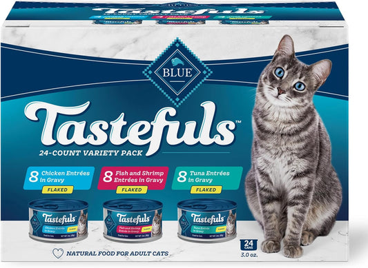 Blue Buffalo Tastefuls Flaked Wet Cat Food Variety Pack, Made with Natural Ingredients, Tuna, Chicken, Fish & Shrimp, 3-oz Cans (12 Count, 4 of Each) - USA IMPORT -