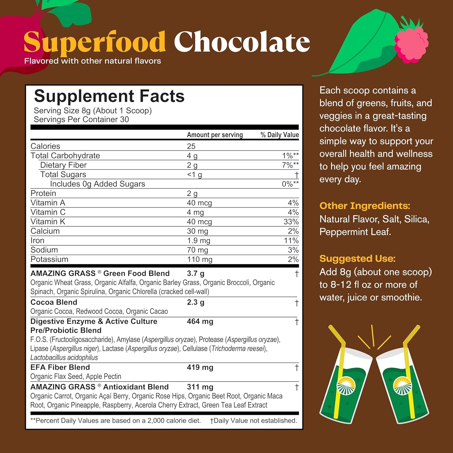Amazing Grass Greens Superfood Powder: Greens Powder with Digestive Enzymes & Probiotics, Organic Spirulina, Chlorella, and Beet Root Powder, Chocolate, 30 Servings - USA IMPORT -