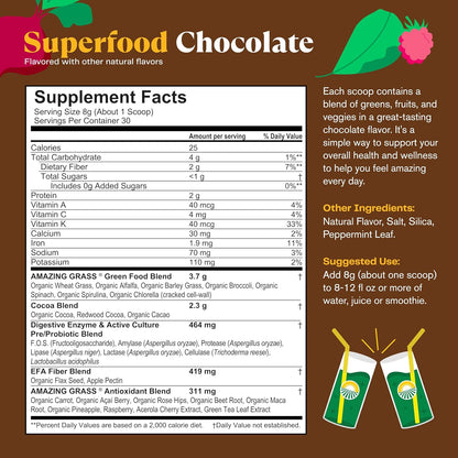 Amazing Grass Greens Superfood Powder: Greens Powder with Digestive Enzymes & Probiotics, Organic Spirulina, Chlorella, and Beet Root Powder, Chocolate, 30 Servings - USA IMPORT -