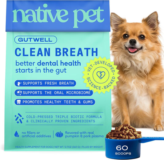 Native Pet GutWell Clean Breath - Dog Breath Freshener & Dog Dental Powder - Teeth Cleaning to Reduce Plaque & Tartar - Promotes Fresh Breath with Targeted Triple-biotic Dental Care Blend - 60 Scoops - USA IMPORT -