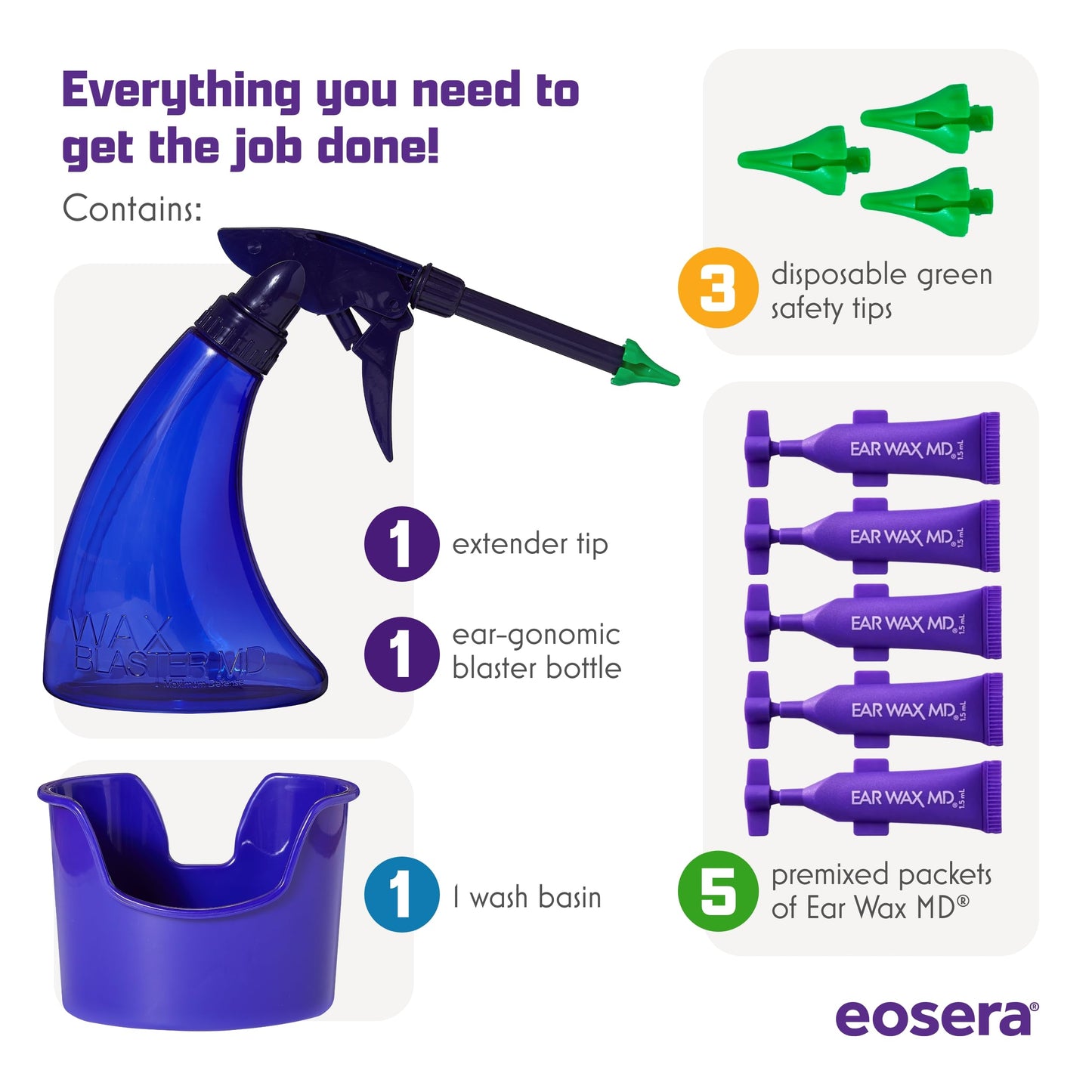eosera® Wax Blaster MD®- Ear Wax Cleaning System with 5-ct Single Use Vials - Complete Earwax Irrigation Kit for Stubborn and Routine Earwax Cleaning - Clinically Proven Results