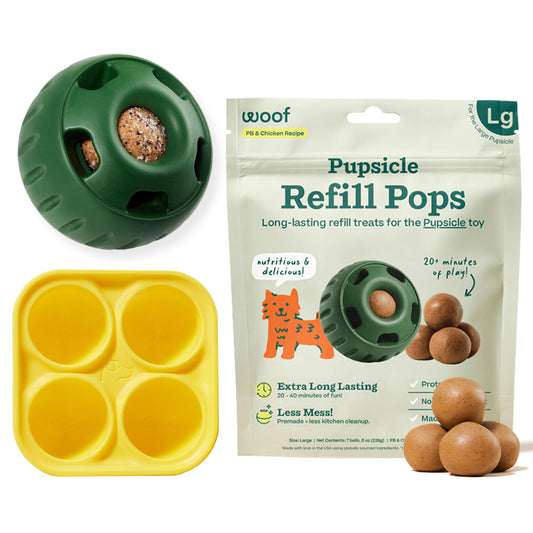 WOOF Starter Pack - Pupsicle, Treat Tray Mold and Pupsicle Pops Chicken - Fillable Dog Treat Ball, Silicone Molds for Dog Treats and Pre-Made Refill Treats
