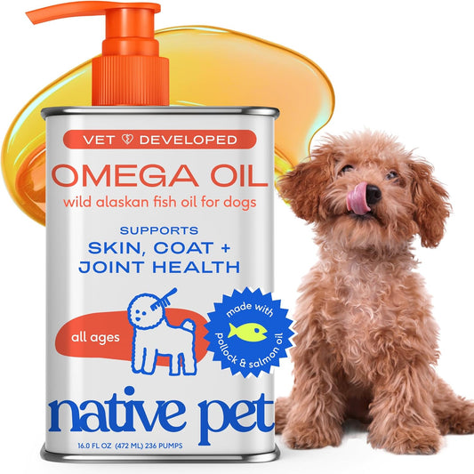 Native Pet Omega 3 Fish Oil for Dogs & Cats - Promotes Healthy Skin, Shiny Coat, & Strong Joints - Made with Wild Alaskan Salmon Oil for Dogs – Tasty, Fast-Absorbing Omega 3 6 9 Liquid Supplement-16oz - USA IMPORT -