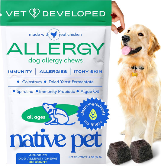 Native Pet Dog Allergy Chews - Dog Allergy Relief with Probiotics and Colostrum for Itchy Skin Relief to Support Seasonal Allergy and Healthy Immune System - All Natural Anti-Histamine - 30 Chews - USA IMPORT -