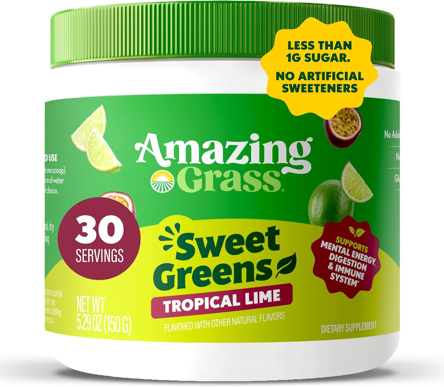 Amazing Grass Sweet Greens and Superfoods Powder for Digestive Health, Greens Powder, Digestive Enzymes, Probiotics, Spirulina, Chlorella, Tropical Lime, 30 Servings - USA IMPORT -