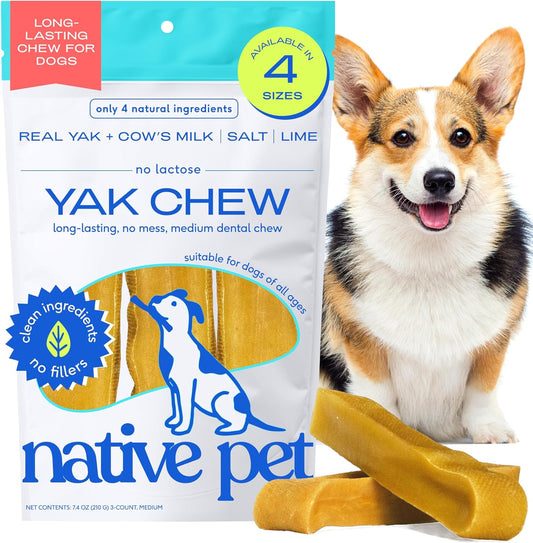 Native Pet Yak Cheese Himalayan Dog Chews - Long Lasting Dental Sticks for Medium Breeds – 100% All Natural Himalayan Yak Chews for Medium Dogs – Cheese Bone for Aggressive Chewers - 3 Per Pack - USA IMPORT -