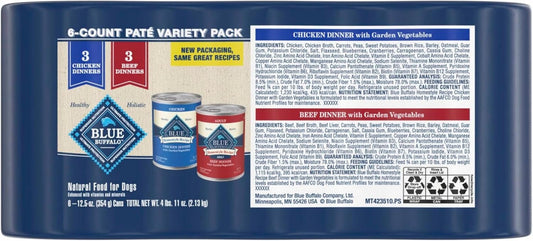 Blue Buffalo Homestyle Recipe Adult Wet Dog Food, Made with Natural Ingredients, Chicken and Beef Dinner Variety Pack, 12.5-oz Cans (6 Count, 3 of each) - USA IMPORT -