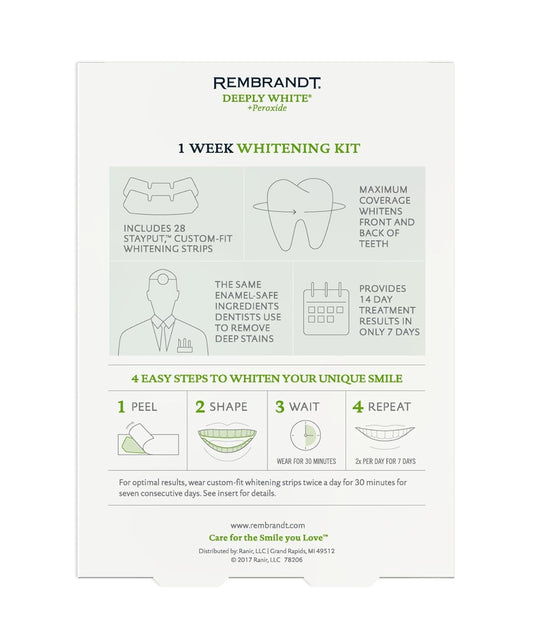 REMBRANDT Deeply White + Peroxide 1 Week Teeth Whitening Kit, Removes Tough Stains, Enamel-Safe, 28 Custom-Fit Whitening Strips (14 Treatments) - USA IMPORT -