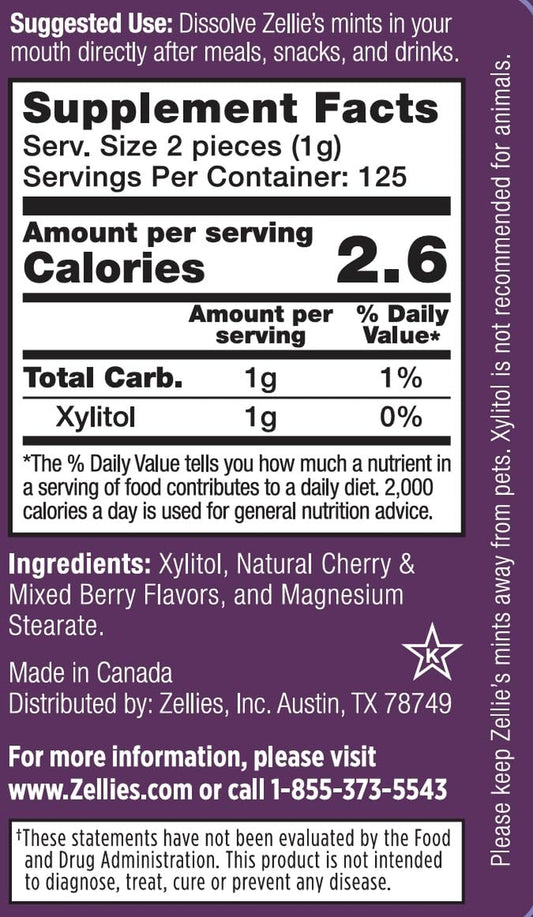 Zellie's | 100% Xylitol Cherry Berry Breath Mints | No Aspartame, Gluten Free, Vegan & Kosher Mints (250 Count - Pack of 1) - USA IMPORT -