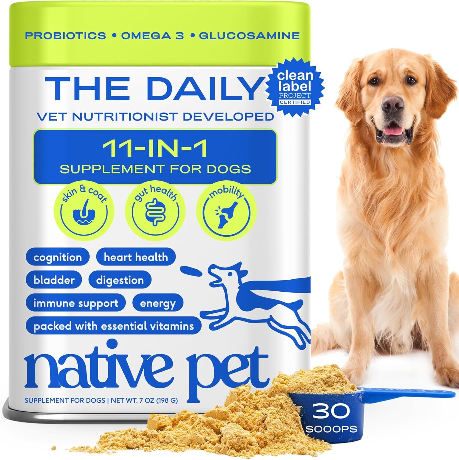 Native Pet Dog Vitamins & Supplements - 11-in-1 Vitamin Powder for Dog Food Topper - Collagen, Glucosamine, Probiotics, Omega & More- Supports Healthy Gut, Mobility & Overall Health - 30 Scoops - USA IMPORT -