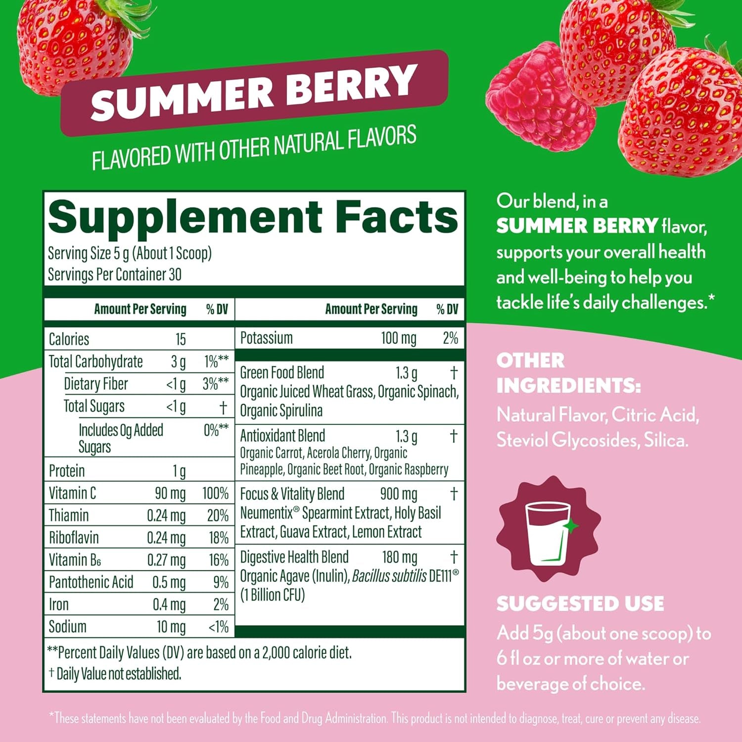 Amazing Grass Sweet Greens and Superfoods Powder for Digestive Health, Greens Powder, Digestive Enzymes, Probiotics, Spirulina, Chlorella, Summer Berry, 30 Servings - USA IMPORT -