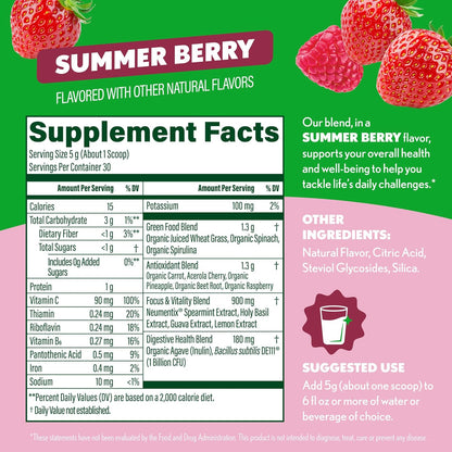 Amazing Grass Sweet Greens and Superfoods Powder for Digestive Health, Greens Powder, Digestive Enzymes, Probiotics, Spirulina, Chlorella, Summer Berry, 30 Servings - USA IMPORT -