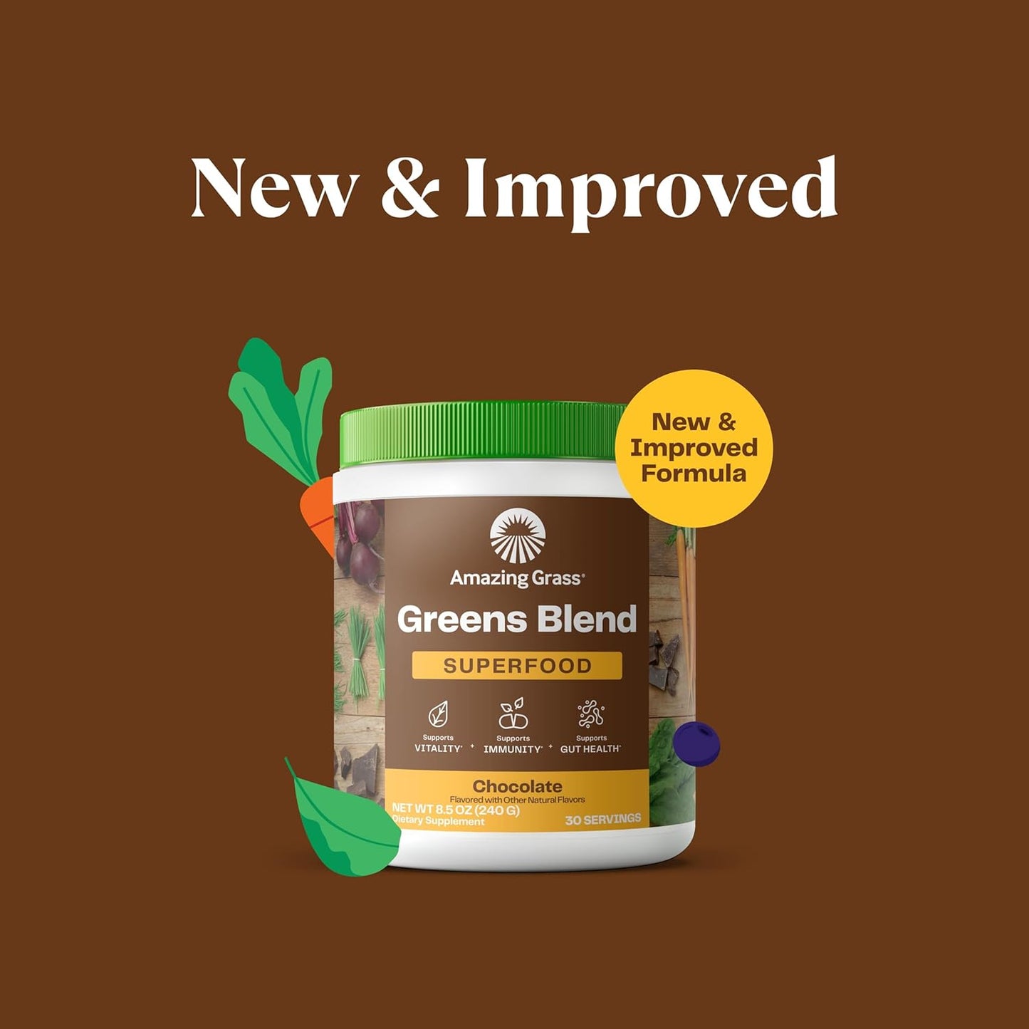 Amazing Grass Greens Superfood Powder: Greens Powder with Digestive Enzymes & Probiotics, Organic Spirulina, Chlorella, and Beet Root Powder, Chocolate, 30 Servings - USA IMPORT -