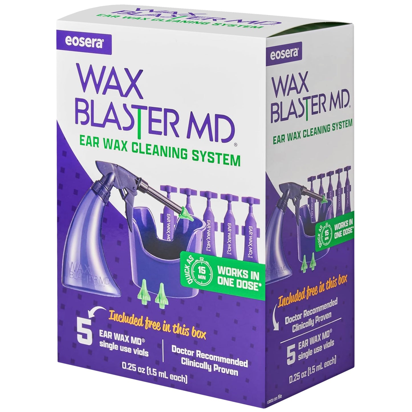 eosera® Wax Blaster MD®- Ear Wax Cleaning System with 5-ct Single Use Vials - Complete Earwax Irrigation Kit for Stubborn and Routine Earwax Cleaning - Clinically Proven Results