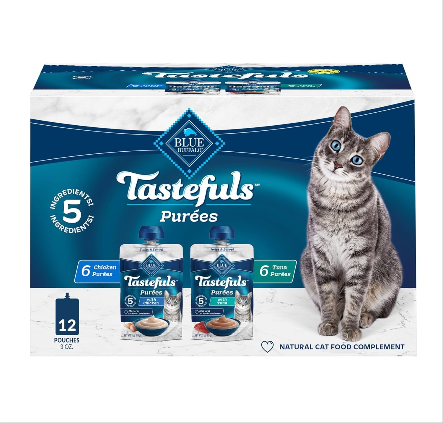 Blue Buffalo Tastefuls Purées Variety Pack, Natural Cat Food Complement, Resealable Twist Cap Pouches, Chicken and Tuna, 3-oz (12 Count, 6 of Each Flavor) - USA IMPORT -