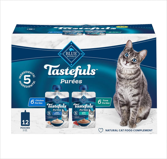 Blue Buffalo Tastefuls Purées Variety Pack, Natural Cat Food Complement, Resealable Twist Cap Pouches, Chicken and Tuna, 3-oz (12 Count, 6 of Each Flavor) - USA IMPORT -