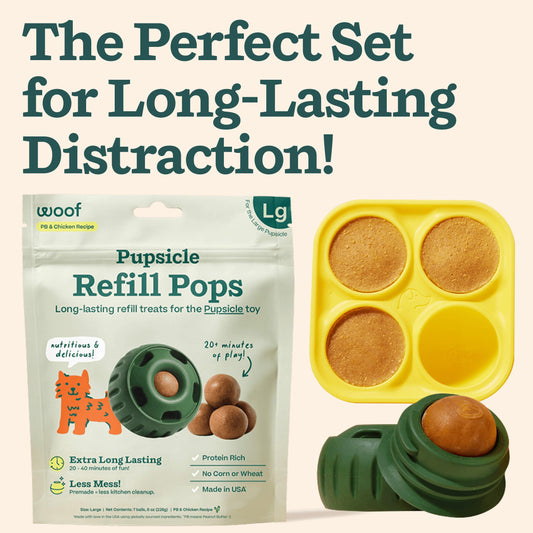 WOOF Starter Pack - Pupsicle, Treat Tray Mold and Pupsicle Pops Chicken - Fillable Dog Treat Ball, Silicone Molds for Dog Treats and Pre-Made Refill Treats