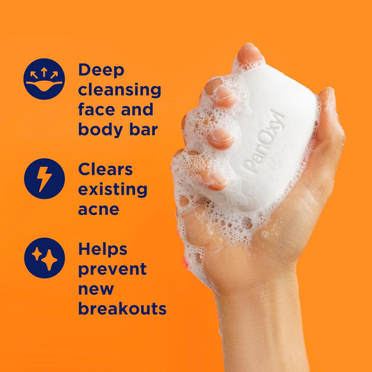 PanOxyl Acne Treatment Bar with 10% Benzoyl Peroxide, Maximum Strength Acne Bar for Face, Chest, and Back, Soap-Free Body Wash, Treats Acne Pimples, Whiteheads, Blackheads, pH Balanced, Vegan, 4 oz - USA IMPORT -