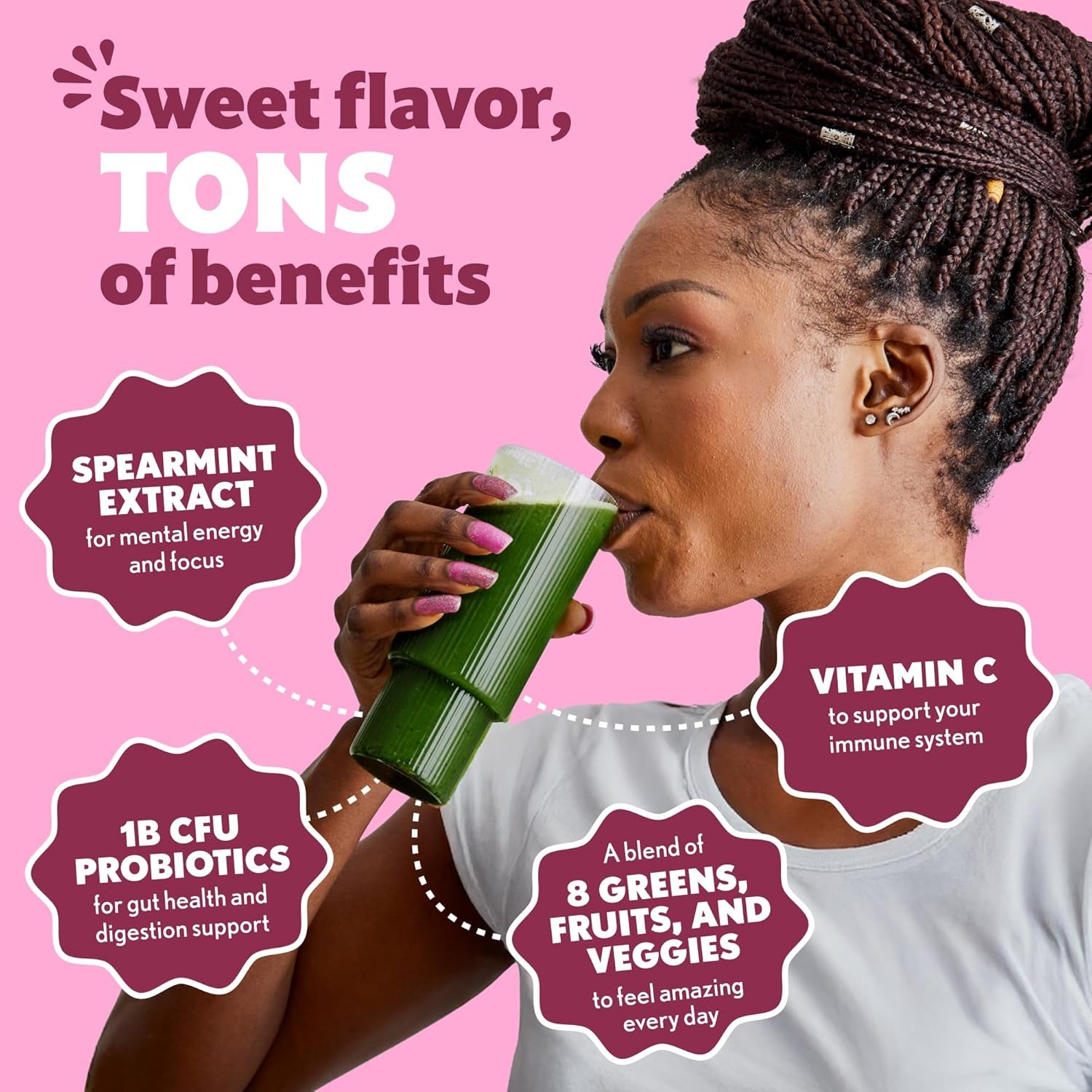 Amazing Grass Sweet Greens and Superfoods Powder for Digestive Health, Greens Powder, Digestive Enzymes, Probiotics, Spirulina, Chlorella, Summer Berry, 30 Servings - USA IMPORT -