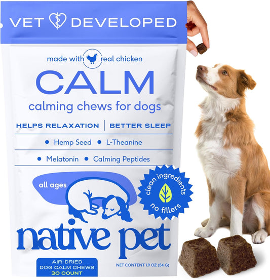 Native Pet Calming Chews for Dogs - Melatonin for Dogs Anxiety Relief - Grain Free All Natural Hemp Calming Treats & L-Theanine Helps Manage Stress & Separation Anxiety - Puppy Sleep Aid - 30 Chews - USA IMPORT -